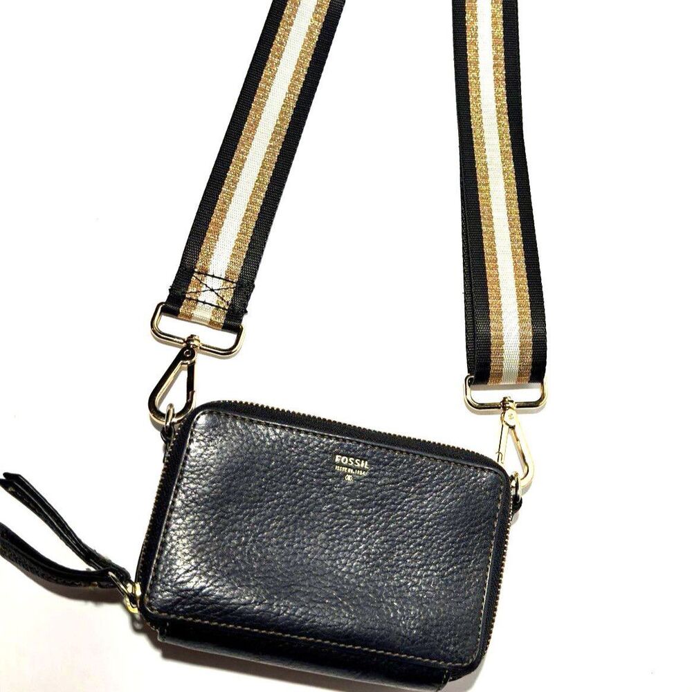 Fossil Black Leather Mini Crossbody Bag Wallet Double Zip Adjustable Strap 6x4in